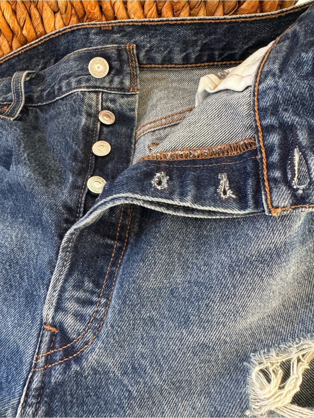 Levi's Women's Medium Blue Distressed High-Rise Jean Shorts with Button-Fly
